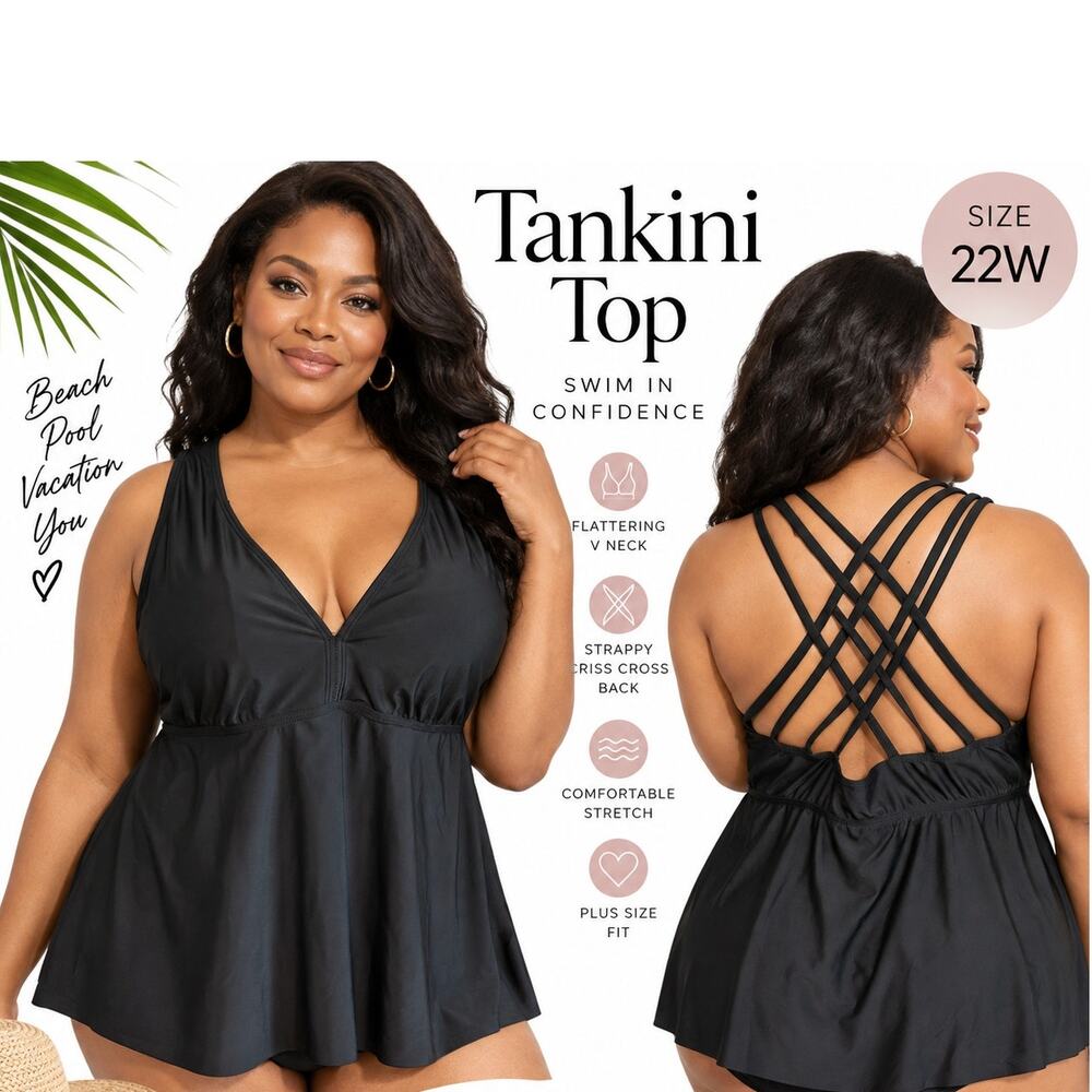 Black Strappy Back Swim Top Tankini - Plus Size 22